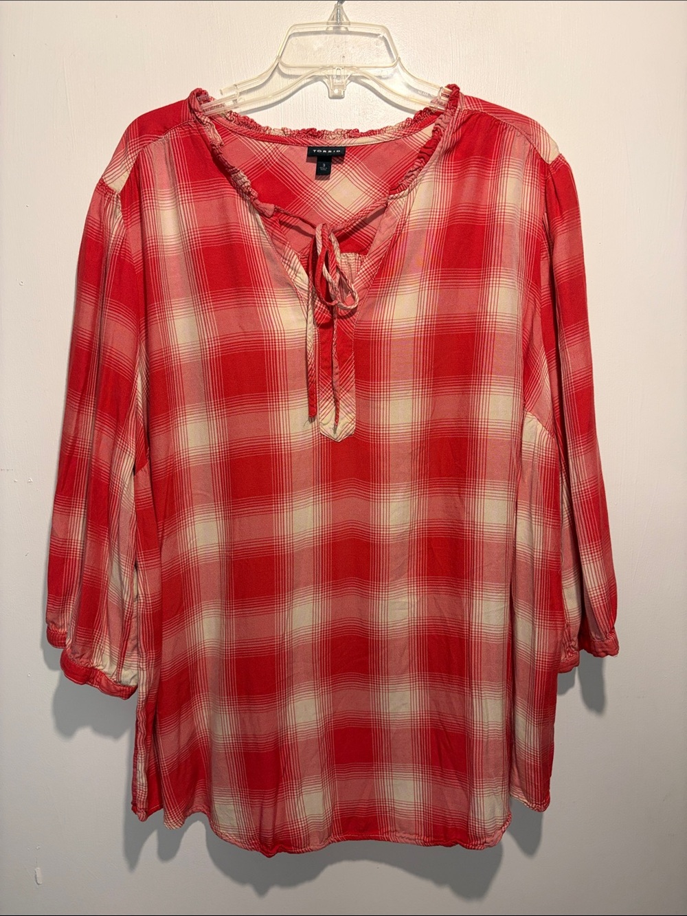 Torrid Red Ombré Cream Boho Plaid Print Tie Front Flowy Blouse Peasant Size 3X